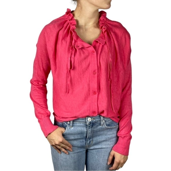 BCBGMAXAZRIA PINK LINEN COTTON DRAWSTRING RUCHED COLLAR BUTTON DOWN SWEATER - Picture 1 of 15